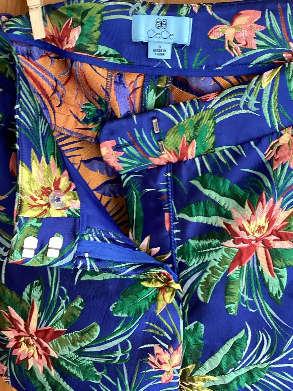 CeCe Royal Blue Floral Print Skirt with Orange Accents - Picture 2 of 8